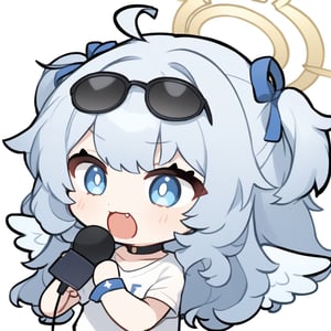 (chibi style), {{{masterpiece}}}, {{{best quality}}}, {{ultra-detailed}}, {beautiful detailed eyes}. 1girl, angel, white hair, long curly hair, (two side up), blue eyes,  (curly hair:1.2), (wavy hair), (hair curls), (bangs), (two side up), two blue hair ties on head, (Double golden halo on her head), choker, angel wings, ahoge, fang, (white T-shirt), (rapping), (black sunglasses), (microphone), upper body,chibi emote style,chibi,emote, cute,Emote Chibi,anime,