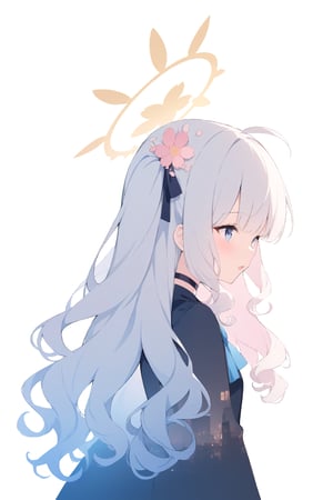 silhouette of angel girl, solo,  ((white hair)), very long hair, white hair, long curly hair, (two side up), blue eyes,  (curly hair:1.2), (wavy hair), (hair curls)
, (bangs), (two side up), two blue hair ties on head, (Double golden halo on her head), bowtie choker, angel wings, ahoge, fang,Soft colors. Inside the silhouette you can see the double exposure with a sakura flower, masterpiece, ((double exposure)), proportional.,DOUBLE EXPOSURE