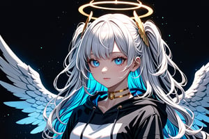 1girl, (angel), white hair, long curly hair, ((two side up)), blue eyes,  (curly hair:1.2), (wavy hair), (hair curls)
, (bangs), (two side up), two blue hair ties on head, (Double golden halo on her head), choker, (angel wings), ahoge, A trendy girl,neon hoodie,cybernetic illuminations,masterpiece, best quality,  aethetic,Waist-up view,more detail XL