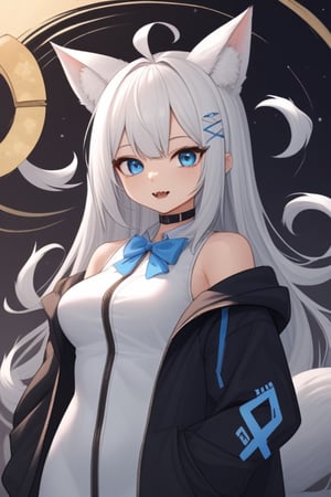animal ear fluff, animal ears, 1girl, solo,  ((white hair)), very long hair, blue eyes, (straight hair), (bangs), animal ears, (stoat ears:1.2), Choker, ahoge, fangs, (big stoat Tail:1.2), (blue X hairpin), (White sleeveless collared dress, (midriff), blue chest bow), (black hooded oversized jacket:1.2), (jacket zipper half unzipped), (Off the shoulders), candy, food print, highres, holding, multiple girls, multiple tails,,tail,txznmec, m3,score_9,score_8_up,girl ,anime ,cr33p