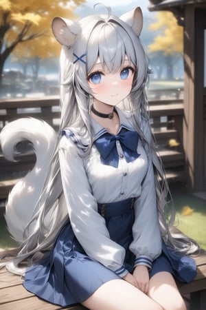 1girl, stoat girl, solo,  ((white hair)), very long hair, blue eyes, (straight hair), (bangs), animal ears, (stoat ears:1.2),
 Choker, ahoge, yaeba, (big white stoat Tail:1.2), (blue X hairpin), An animated animated girl with blue eyes is sitting on a wooden bench. She is wearing a short blue skirt with a white shirt and a blue bow tie. There is a small white cup of coffee on the bench in front of her. Behind her is a green lawn with small white flowers on it. A tree with yellow leaves is on the left side of the bench. Behind the tree is a wooden door with a black handle. Blurry background, detailed image, detailed skin, stunning image, 8k, proffesional style, luxurious room in background, ((masterpiece: 1.2)), light particles. Masterpiece, stunning image, professional style