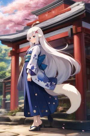 1girl, stoat girl, solo,  ((white hair)), very long hair, blue eyes, (straight hair), (bangs), animal ears, (stoat ears:1.2),
 Choker, ahoge, yaeba, (big white stoat Tail:1.2), (blue X hairpin),solo, long hair, blush, smile, open mouth, bangs, skirt, simple background, wearing intricately detailed black and silver armor stands in the sky, her dress made of stars,  long sleeves, closed mouth, flower, sidelocks, outdoors, japanese clothes, day, full body, kimono, hair bun, from side, tree, sash, obi, floral print, cherry blossoms, blue kimono, shrine, Anime style full long shot,