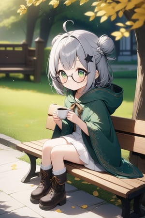 1girl, (gray hair), green eyes, short hair, ahoge, (black round frame glasses:1.2), (black star hairpin), dark green hooded cloak, Hood Down, dress, Short skirt, boots, ((Half Bun hair :1.2)), An animated girl with green eyes is sitting on a wooden bench. There is a small white cup of coffee on the bench in front of her. Behind her is a green lawn with small white flowers on it. A tree with yellow leaves is on the left side of the bench. Behind the tree is a wooden door with a black handle. Blurry background, detailed image, detailed skin, stunning image, 8k, proffesional style, luxurious room in background, ((masterpiece: 1.2)), light particles. Masterpiece, stunning image, professional style