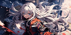 full body,Blood Mist, background_Urban rooftop,1girl, angel, with sliver long curly hair, blue eyes, two blue ribbons on her hair, (Double golden halo on her head), angel wings, despair,blood sakura,((masterpiece)), (((best quality))), ((ultra-detailed)), ((illustration)), ((disheveled hair)),Blood Cherry Blossom,torn clothes,tearing with eyes open,solo,Blood Rain,bandages,Gunpowder smoke,beautiful deatailed shadow, Splashing blood,dust,tyndall effect,portrait,