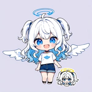 chibi, sd, masterpiece, made by a master, 4k, perfect anatomy, perfect details, best quality, high quality, lots of detail.
1girl, ((angel)), (white hair), long curly hair, (two side up), blue eyes,  (curly hair:1.2), (wavy hair), (hair curls), (bangs), (two side up), two ((blue)) hair ties on head, (Double golden halo on her head), choker, ((angel wings)), ahoge,white t-shirt, Short pants, single, looking at viewer, smiling, fang, happy, slightly angry, chibi, Emote Chibi. simple background, Line,cute comic,simple background, flat color,chibi,Cute girl,dal,Emote Chibi,chibi style,Chibi Style,lineart,