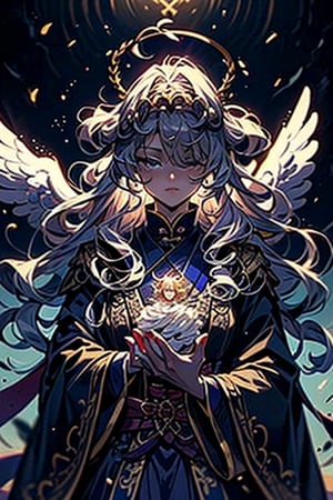 EpicGhost, (Anime style, Guvez style, 1girl, angel, with sliver long curly hair, blue eyes, two blue ribbons on her hair, (Double golden halo on her head), angel wings, flowing white robe, blindfolded, handsome art painting, beautiful character painting, Shi Tao)