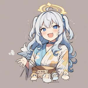 (chibi:1.3), masterpiece, made by a master, 4k, perfect anatomy, perfect details, best quality, high quality, lots of detail.
(solo), 1girl, angel, white hair, long curly hair, (two side up), blue eyes, (curly hair:1.2), (wavy hair), (hair curls), (bangs), (two side up), two blue hair ties on head, (Double golden halo on her head), bowtie choker, angel wings, ahoge, fang, (cute yukata, colorful yukata), smiling, single, (((>_<:1.4))), (upper body) ,Emote Chibi. cute comic,simple background, flat color, Cute girl,dal,Chibi Style,lineart,comic book,score_9,score_8_up,score_7_up,source_anime