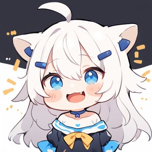 masterpiece, 1girl, stoat girl, solo,  ((white hair)), very long hair, blue eyes, (straight hair), (bangs), animal ears, (stoat ears:1.2),
 Choker, ahoge, fangs, (big stoat Tail:1.2), (blue X hairpin), solo, long hair, blush, bangs, simple background, cute dress, white background, hair between eyes, (((lol))), (laughing), laughing out loud, open mouth, collarbone, ahoge, lips parted, off shoulder, chibi, (((up body))),flat style,