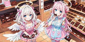 1girl, angel, white hair, long curly hair, blue eyes, two blue ribbons on her hair, (Double golden halo on her head), angel wings, ((selling chocolate for boyfriend at chocolate shop)), Pink patent leather maid, pink dress,white thighhighs,white apron,cross-laced clothes, masterpiece, best quality, looking at viewer, vintage fantasy, watercolor, warm pastel colour tone, colourpencil style, ((half body)),kawaii face,kawaiitech