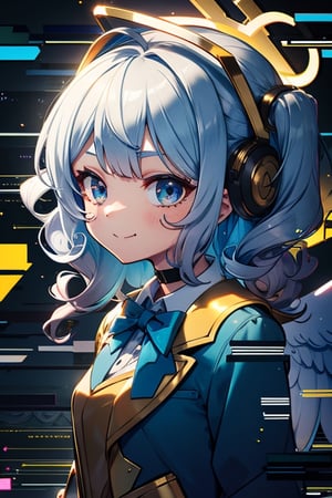 1girl, angel, white hair, long curly hair, (two side up), blue eyes,  (curly hair:1.2), (wavy hair), (hair curls)
, (bangs), (two side up), two blue hair ties on head, (Double golden halo on her head), bowtie choker, angel wings, ahoge, fang,,Glitching, glitch,upper body,smile,,masterpiece, high quality, best quality, highres,light