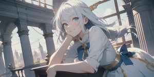 vibrant colors, female, masterpiece, sharp focus, best quality, depth of field, cinematic lighting, ((solo, one woman )), (illustration, 8k CG, extremely detailed), masterpiece, ultra-detailed,
1angel, (white hair), long curly hair, blue eyes, (two blue ribbons on her hair), (Double golden halo on her head), angel wings, dress, cute outfit, Sitting on a seat, eating  bread, best smile, cute face, perfect light,1girl white hair blue eyes x hair ornament,masterpiece