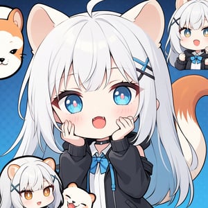 (chibi style), {{{masterpiece}}}, {{{best quality}}}, {{ultra-detailed}}, {beautiful detailed eyes},1girl, solo,  ((white hair)), very long hair, blue eyes, (straight hair), (bangs), animal ears, (stoat ears:1.2), Choker, ahoge, fangs, (big stoat Tail:1.2), (blue X hairpin), (White sleeveless collared dress, (Two-piece dress), (blue chest bow)), (black hooded oversized jacket:1.2), (Off the shoulders), 
(((>.<))), (hands on face), upper body,chibi emote style,chibi,emote, cute,Emote Chibi,comic book,cutechibiprofile