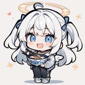  chibi, masterpiece, best quality, solo, 1girl, angel, (white hair), long curly hair, (two side up),blue eyes, (two blue ribbons on her hair), ((Double golden halo on her head)), choker, ((angel wings)), ahoge, full body, cute smile, best smile, open mouth, Wearing grey Hooded T-shirt, long sleeves, trousers, (holding bowl and chopsticks), ,masterpiece,simple background,chibi emote style,Line Chibi yellow
