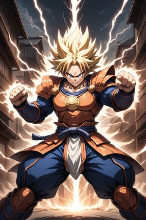 Super details, supersaiyan Goku, japanese samurai outfit, armor, with aura, Surrounded by electricity, fighting pose, Punch, in  street, anime style,facing the camera