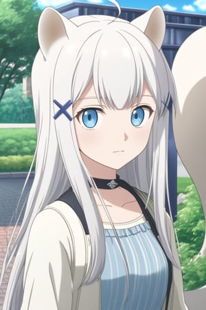 1girl, stoat girl, solo,  ((white hair)), very long hair, blue eyes, (straight hair), (bangs), animal ears, (stoat ears:1.2),
 Choker, ahoge, yaeba, (big white stoat Tail:1.2), (blue X hairpin),  casual outfit, outdoors, looking at viewer, close view,midjourney,anime,1girl_Anime,Detail