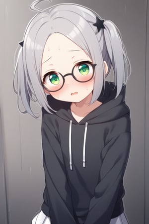  1girl, solo, (gray hair), green eyes, (short Twin ponytails:1.2), ahoge, (black round frame glasses:1.2), (black star hairpin), solo, blush, open mouth, Center parted bangs, forehead, hooded cloak, Hood Down, long sleeve shirt top, Short skirt, boots, upper body, sweat, embarrassed,