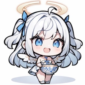  chibi, masterpiece, best quality, solo, 1girl, angel, (white hair), long curly hair, (two side up),blue eyes, (two blue ribbons on her hair), ((Double golden halo on her head)), choker, ((angel wings)), ahoge, full body, cute smile, best smile, open mouth, Wearing blue and white dress, (holding bowl and chopsticks), ,masterpiece,simple background,chibi emote style,Line Chibi yellow