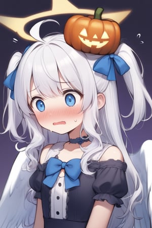  1girl, angel, white hair, long curly hair, (two side up), blue eyes, two blue bows on head, (Double golden halo on her head), choker, (angel wings on back), ahoge, , solo, blush, open mouth, lolita_fashion, middle chest, tiny body, (halloween costumes), upper body, sweat, embarrassed,