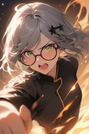 1girl, (gray hair), green eyes, short hair, (Bob Hair), ahoge, (black round frame glasses:1.2), (black star hairpin), (Kung Fu Uniform), (attack), (fighting), Punch, Punching in viewer, (in the dojo), (eyes highlight), standing, ((upper body)), very beautiful girl, eyes wide open, Open mouth wide, sweat, slightly angry, himecut hairstyle, masterpiece quality, stunning image, masterpiece, 8K, stunning image, light particles, attractive image, reflections,  \medium\,Beautiful eyes,