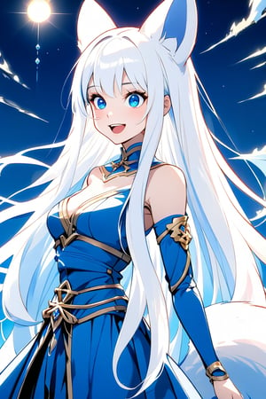 1girl, stoat girl, solo,  ((white hair)), very long hair, blue eyes, (straight hair), (bangs), animal ears, (stoat ears:1.2),
 Choker, ahoge, fangs, (big stoat Tail:1.2), (blue X hairpin), (blue chest bow), cute outfit, portrait, anime style, night light, charming, nature 