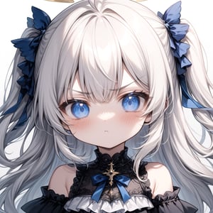 1girl, angel, white hair, long curly hair, (two side up), blue eyes, two blue bows on head, (Double golden halo on her head), choker, ((angel wings on back)), ahoge,  (White gothic lolita style ruffle dress, blue ribbon), ((Off the shoulders:1.2)), solo, (chibi, head only), blush, mouth close, (close-up portrait), (angry, blush, pouty), ((shadow face:1.3)), (glowing eyes), Upper Body, (Focus on face), simple white background,((Chibi character)),IncrsPunchMeme,incoming punch