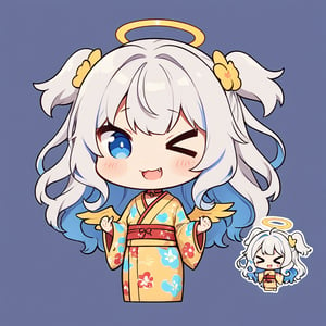 (chibi:1.3), masterpiece, made by a master, 4k, perfect anatomy, perfect details, best quality, high quality, lots of detail.
(solo), 1girl, angel, white hair, long curly hair, (two side up), blue eyes, (curly hair:1.2), (wavy hair), (hair curls), (bangs), (two side up), two blue hair ties on head, (Double golden halo on her head), bowtie choker, angel wings, ahoge, fang, (cute yukata, colorful yukata), smiling, single, (((>_<:1.4))), (upper body) ,Emote Chibi. cute comic,simple background, flat color, Cute girl,dal,Chibi Style,lineart,comic book,