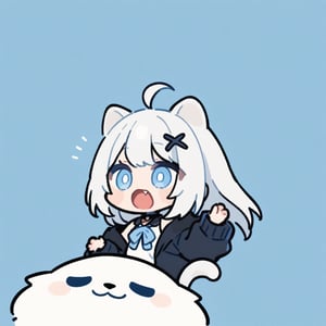 (chibi style), {{{masterpiece}}}, {{{best quality}}}, {{ultra-detailed}}, {beautiful detailed eyes},1girl, solo,  ((white hair)), very long hair, blue eyes, (straight hair), (bangs), animal ears, (stoat ears:1.2), Choker, ahoge, fangs, (big stoat Tail:1.2), (blue X hairpin), (White sleeveless collared dress, (Two-piece dress), (blue chest bow)), (black hooded oversized jacket:1.2), (Off the shoulders), (shock), (shocked expression), upper body,chibi emote style,chibi,emote, cute,Emote Chibi,anime,cute comic,txznf,