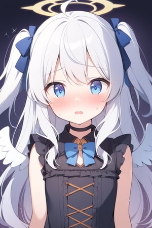  1girl, angel, white hair, long curly hair, (two side up), blue eyes, two blue bows on head, (Double golden halo on her head), choker, (angel wings on back), ahoge, , solo, blush, open mouth, lolita_fashion, middle chest, tiny body, (halloween costumes), upper body, sweat, embarrassed,