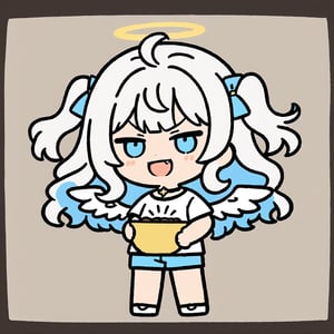 chibi, sd, masterpiece, made by a master, 4k, perfect anatomy, perfect details, best quality, high quality, lots of detail.
1girl, ((angel)), (white hair), long curly hair, (two side up), blue eyes,  (curly hair:1.2), (wavy hair), (hair curls), (bangs), (two side up), two ((blue)) hair ties on head, (Double golden halo on her head), choker, ((angel wings)), ahoge,white t-shirt, Short pants, single, looking at viewer, smiling, fang, happy, slightly angry, chibi, Emote Chibi. simple background, Line,cute comic,simple background, flat color,chibi,Cute girl,dal,Emote Chibi,chibi style,Chibi Style,Graffiti Comic,lineart