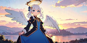  (Best Picture Quality, High Quality, Best Picture Score: 1.3), , Perfect Beauty Score: 1.5, long hair, 1 angel girl, (solo), ((white hair)), (long curly hair), blue eyes, ((two blue ribbons on her hair)), (Double golden halo on her head), (angel wings), (cute outfit), cute smile, background is the setting sun and the sky dyed red by the setting sun, beautiful, cute, masterpiece, best quality,