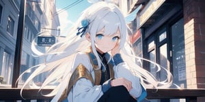 vibrant colors, female, masterpiece, sharp focus, best quality, depth of field, cinematic lighting, ((solo, one woman )), (illustration, 8k CG, extremely detailed), masterpiece, ultra-detailed,
1angel, (white hair), long curly hair, blue eyes, (two blue ribbons on her hair), (Double golden halo on her head), angel wings, White shirt, black coat, cute outfit, Sitting in a street cafe, best smile, cute face, perfect light,1girl white hair blue eyes x hair ornament,masterpiece