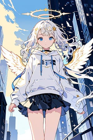 ultra detailed, masterpiece, best quality, 8k, high resolutionl, aesthetic, 1girl, angel, white hair, long curly hair, two side up,blue eyes, two blue ribbons on her hair, (Double golden halo on her head), choker, angel wings, solid color hoodie jacket, short skirt, new york, detailed background, 