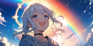 shiny, vibrant colors, female, masterpiece, sharp focus, best quality, depth of field, cinematic lighting, ((solo, one girl)), (illustration, 8k CG, extremely detailed), masterpiece, ultra-detailed, Anime-style illustration depicting a sunny sky scene. A sky after rain. (big rainbow in sky),  fire rainbows,1girl, angel, white hair, long curly hair, two side up,blue eyes, two blue ribbons on her hair, (Double golden halo on her head), choker, (angel wings),  Wearing grey Hooded T-shirt, is looking up at the sky with a surprised expression, cute smile. best smile, The perspective is from below, open mouth, shiny background,