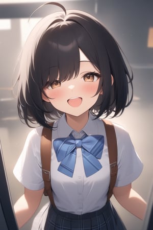 1girl, (dark black hair), brown eyes, ahoge, short hair, (striking bob cut and intense, hair covering one eye:1.2),  (school uniform), tight clothes, white shirt, Short sleeve, blue tie, Blue plaid pleated skirt, backpack, half-closed eyes, solo focus, standing, Open mouth smile,teeth, blush, (upper body), (simple background), (eyes highlight), very beautiful girl, himecut hairstyle, masterpiece quality, stunning image, masterpiece, 8K, stunning image, light particles, attractive image, reflections,  \medium\,Beautiful eyes,