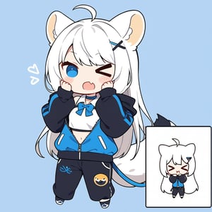 (chibi:1.3), masterpiece, made by a master, 4k, perfect anatomy, perfect details, best quality, high quality, lots of detail.
(solo),1girl, ((stoat girl)), solo,  ((white hair)), very long hair, blue eyes, (straight hair), (bangs), animal ears, (stoat ears:1.2), Choker, ahoge, cute_fang, (big Fox Tail:1.2), (blue X hairpin), (White collared sleeveless top, (midriff), blue chest bow), (black hooded oversized jacket:1.2), (jacket zipper half unzipped), (black short pants) (Off the shoulders), single, (((>_<:1.4))), hands on face, (upper body) ,Emote Chibi. cute comic,simple background, flat color, Cute girl,dal,Chibi Style,lineart,comic book,