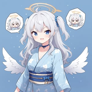 (chibi:1.3), masterpiece, made by a master, 4k, perfect anatomy, perfect details, best quality, high quality, lots of detail.
(solo), 1girl, angel, white hair, long curly hair, (two side up), blue eyes, (curly hair:1.2), (wavy hair), (hair curls), (bangs), (two side up), two blue hair ties on head, (Double golden halo on her head), bowtie choker, angel wings, ahoge, fang, (cute yukata, colorful yukata), smiling, single, (((>_<:1.4))), (upper body) ,Emote Chibi. cute comic,simple background, flat color, Cute girl,dal,Chibi Style,lineart,comic book,score_9,score_8_up,score_7_up,source_anime