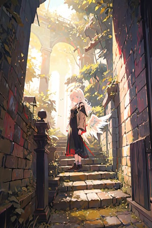 1girl, angel, white hair, long curly hair, two side up,blue eyes, two blue ribbons on her hair, (Double golden halo on her head), choker, angel wings,  ascending a staircase,a solitary red rose resting gracefully on the highest staircase step, its velvety petals unfurling to reveal a rich shade of scarlet, set against a backdrop of ancient, moss-covered steps, a sense of timelessness enveloping the scene, with a gentle breeze rustling nearby ivy leaves, evoking a sense of peaceful contemplation soft focus creating a dreamlike quality, in the style of romantic landscape paintings by J.M.W. Turner. 