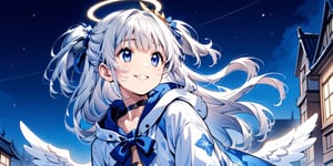 Anime-style illustration depicting a Japanese winter sky scene. A clear winter sky. A young girl,1angel, (white hair), long curly hair, blue eyes, (two blue ribbons on her hair), (Double golden halo on her head), ((angel wings)),  two side up, dress, cute outfit, best smile, cute face, wearing a choker and a hooded winter coat. The perspective is from below, choker, focusing on the girl, the street lamp against the clear winter sky.