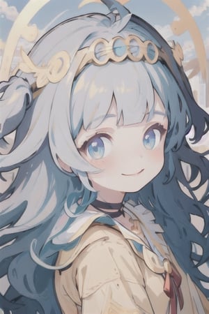masterpiece, best quality, light smile, close-up, white background,sparklehsr,chibi,1girl, angel, white hair, long curly hair, ((two side up)), blue eyes, (curly hair:1.2), (wavy hair), (hair curls), (blunt bangs), (two side up), two blue hair ties on head, (Double golden halo on her head), choker, angel wings,ahoge,, bangs, ,pastel
