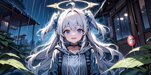 digital painting,1girl, angel, white hair, long curly hair, (two side up), blue eyes, two blue bows on head, (Double golden halo on her head), choker, angel wings on back, ahoge, Using huge leaves to block the rain, Wearing grey Hooded T-shirt, long sleeves, is looking up at the kamera with a surprised expression, cute smile. best smile, open mouth, outdoor, night, countryside, rain, forest, Under the big tree, bus stop sign, standing ,
masterpiece, best quality, aethetic, closed mouth, jacket, , smile, solo,aesthetic,