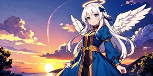  (Best Picture Quality, High Quality, Best Picture Score: 1.3), , Perfect Beauty Score: 1.5, long hair, 1 angel girl, (solo), ((white hair)), (long curly hair), blue eyes, ((two blue ribbons on her hair)), (Double golden halo on her head), (angel wings), (cute outfit), cute smile, background is the setting sun and the sky dyed red by the setting sun, beautiful, cute, masterpiece, best quality,