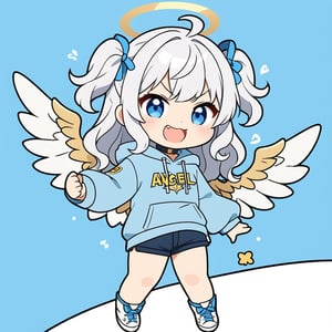 chibi, sd, masterpiece, made by a master, 4k, perfect anatomy, perfect details, best quality, high quality, lots of detail.
(solo),1girl, ((angel)), (white hair), long curly hair, (two side up), blue eyes,  (curly hair:1.2), (wavy hair), (hair curls), (bangs), (two side up), two ((blue)) hair ties on head, (Double golden halo on her head), choker, ((angel wings)), ahoge,one eye closed, Gray hooded long sleeve T-shirt,  Short pants, punching, single, looking at viewer, smiling, fang, happy, slightly angry, chibi, Emote Chibi. simple background, Line,cute comic,simple background, flat color,chibi,Cute girl,dal,Emote Chibi,chibi style,Chibi Style,lineart,