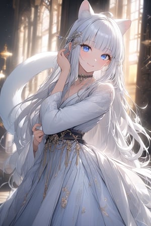 1girl, stoat girl, solo,  ((white hair)), very long hair, blue eyes, (straight hair), (bangs), animal ears, (stoat ears:1.2),
 Choker, ahoge, yaeba, (big white stoat Tail:1.2), (blue X hairpin), Pretty and badass woman, upper body, hand up, greeting, playful girl, hand fitting the hair. She wears a very elegant kimono. She is a very elegant, walking pose, impressive image, stunning image, masterpiece, light particles, blurry background, lovely woman, fascinating aesthetics. Hyperdetailing masterpiece, hyperdetailing skin, masterpiece quality, with 8k resolution. Kind smile. She's in a elegant luxurious palace. straight hair, hime_cut, long hair; fashionable outfit, sakura hairpin. leaning forward. It's nightime. elegant aura. cute smile