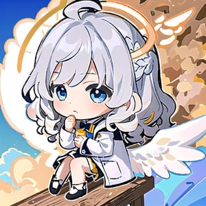 ((Outline)), 1girl, angel, ((white hair)), long curly hair, (two side up), blue eyes,  (curly hair:1.2), (wavy hair), (hair curls)
, (bangs), (two side up), two blue hair ties on head, (Double golden halo on her head), bowtie choker, angel wings, ahoge, fang, shy, Gingerbread sleeveless coat, sitting, clouds, upper body,chibi