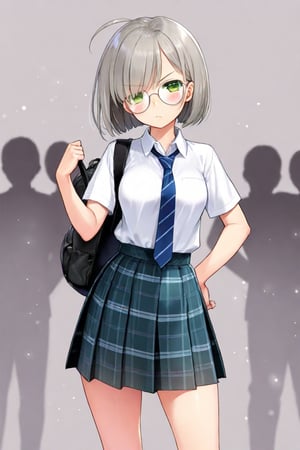 1girl, (gray hair), green eyes, ahoge, short hair, (striking bob cut and intense, hair covering one eye:1.2), (black round frame glasses:1.2), (school uniform), tight clothes, white shirt, Short sleeve, blue tie, Blue plaid pleated skirt, backpack, half-closed eyes, solo focus, standing, annoyed, looking down at viewer, see-through silhouette, blush, (simple background), (eyes highlight), sit cross-legged, (upper body), very beautiful girl, himecut hairstyle, masterpiece quality, stunning image, masterpiece, 8K, stunning image, light particles, attractive image, reflections,  \medium\,Beautiful eyes,