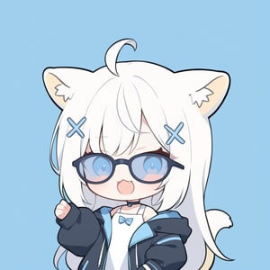(chibi style), {{{masterpiece}}}, {{{best quality}}}, {{ultra-detailed}}, {beautiful detailed eyes},1girl, solo,  ((white hair)), very long hair, blue eyes, (straight hair), (bangs), animal ears, (stoat ears:1.2), Choker, ahoge, fangs, (big stoat Tail:1.2), (blue X hairpin), (White sleeveless collared dress, (Two-piece dress), (blue chest bow)), (black hooded oversized jacket:1.2), (Off the shoulders), (rapping), (sunglasses), upper body,chibi emote style,chibi,emote, cute,Emote Chibi,anime,cute comic,txznf,flat style