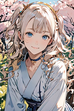 masterpiece, best quality, aethetic,Pretty girl,1girl, angel, white hair, long curly hair, (two side up), blue eyes,  (curly hair:1.2), (wavy hair), (hair curls)
, (bangs), (two side up), two blue hair ties on head, (Double golden halo on her head), bowtie choker, angel wings, ahoge,Thin eyebrows,light blue eyes,（Sakura kimono：1.4）,Long skirts,Touched smile,gentle smile,Facial flushing,Cherry blossom trees,thick bangs,looking at viewer,closed mouth,aesthetic,score_9_up