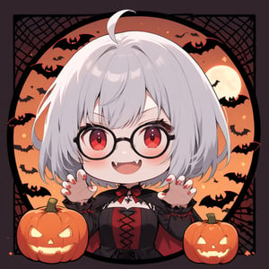 1girl, (gray hair), red eyes, ahoge, (striking bob cut and intense), (black round frame glasses:1.2), (vampire style dress), (Vampire Fangs) , (claw pose), bats, cobweb, pumpkin lantern, moon, blush, (simple halloween background), (eyes highlight), standing, ((upper body)), very beautiful girl, smiling, open_mouth, himecut hairstyle, solo, (chibi), (Focus on face), 