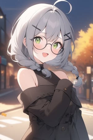 1girl, (gray hair), green eyes, medium hair, (double braid), ahoge, (black round frame glasses:1.2), (black star hairpin), (autumn clothing), (Dark coat), Sleeveless top, Short skirt, Off-shoulder, (happy), Emotionally excited, (On the streets in autumn), (eyes highlight), standing, ((upper body)), very beautiful girl, eyes wide open, Open mouth wide, sweat, slightly angry, himecut hairstyle, masterpiece quality, stunning image, masterpiece, 8K, stunning image, light particles, attractive image, reflections, Dutch Angle Shot,Beautiful eyes,