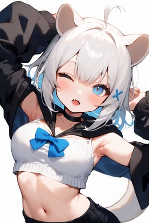 1girl, stoat girl, solo,  ((white hair)), very long hair, blue eyes, (straight hair), (bangs), animal ears, (stoat ears:1.2),
 Choker, ahoge, fangs, (big stoat Tail:1.2), (blue X hairpin), (White collared sleeveless top, (midriff), blue chest bow), 
(black hooded oversized jacket:1.2), (jacket zipper half unzipped), (black short pants) (Off the shoulders),, solo, breasts, looking at viewer, blush, bangs, simple background, hair ornament, white background, navel, cleavage, medium breasts, collarbone, jacket, upper body, multicolored hair, one eye closed, midriff, virtual youtuber, hood,armpits, arms up, camisole, cropped torso, colored inner hair, stretching, black camisole, vivid color, masterpiece, best quality, amazing quality, very aesthetic, absurdres, depth of field, score_9, score_8, score_7, score_6,sexy girl,1girl,GEN